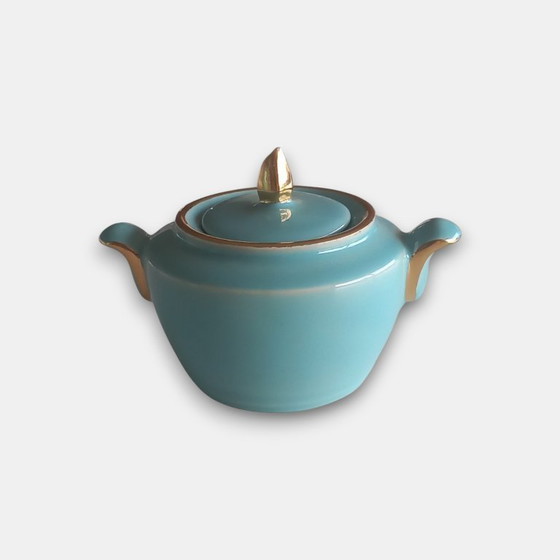 Image 1 of Vintage (1960-1970) handmade design tea set in turquoise glaze with gold accents – teapot and sugar bowl with lid