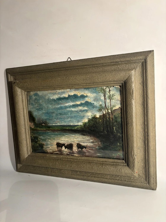 1950s Oil Painting on Board of Cows at Sunset, Paintings & Drawings (photo 4 of 10)