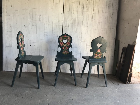 Vintage Hand-Painted Wooden Side Chairs, 1920s, Set of 3 (photo 6 of 9)