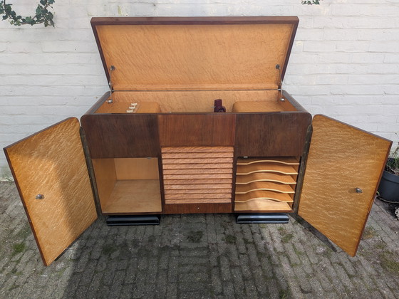 Image 1 of Exquisite 1940s Art Deco Burr Walnut Cabinet – Versatile Drinks/Media Unit
