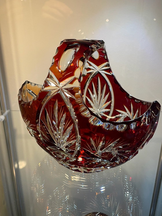 Cesto in Vetro di Cristallo Tagliato Rosso Rubino Boemo Vintage, Bohemia, Accessori da tavola (foto 8 di 15)