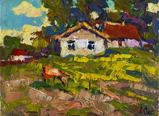Image 1 of Original Oil Painting Summer Village Landscape Quiet evening dreams