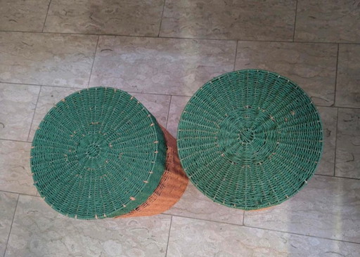 2x Set tables d'appoint danoises tabourets meubles de jardin en rotin