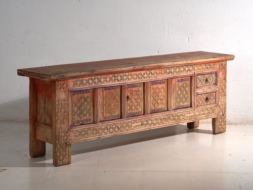 Antiker geschnitzter polychromer Unterschrank aus Tanne – Xinjiang, ca. 1900