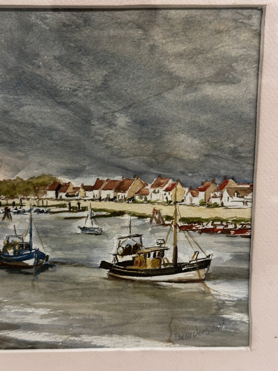 Image 1 of Pierre Baudemont - Aquarel Zeegezicht - Zicht op een haven