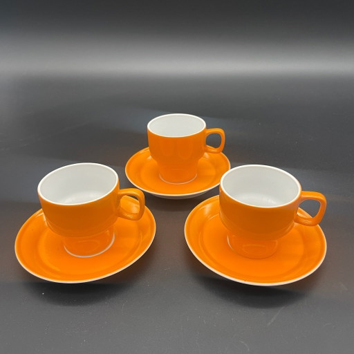 3 Tazzine da Moka Hollóháza con Piattini – Arancione – Vintage Ungheria – Retrò