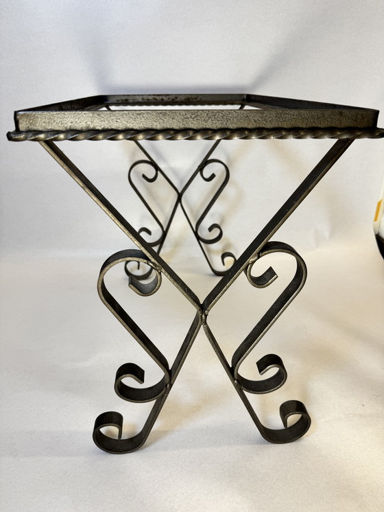 Image 1 of Set of 2 vintage mosaic tables + additional wrought iron base