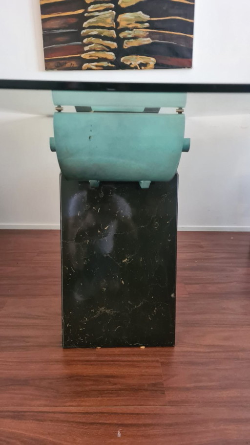Dining Table With Glass Top, Marble And Copper Base