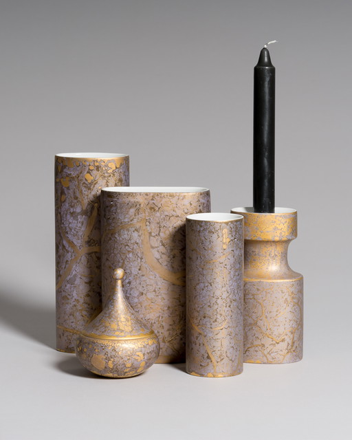 Helmut Drexler for Rosenthal – 5-Piece Porcelain Set– *Goldfeuer* Series in Violet Grey and Gold