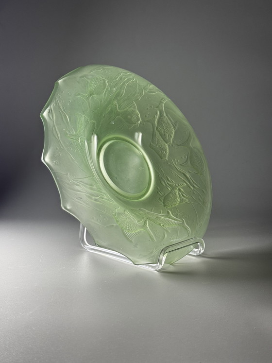 Image 1 of August Walther & Söhne “Arabella” Uranium Glass Centerpiece Bowl – Art Deco Fish Decor – 1930s Germany