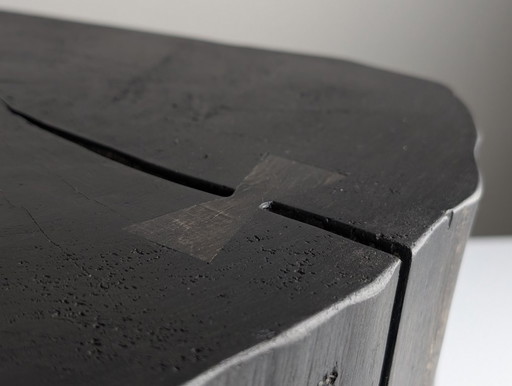 Black Ebonized Wabi-Sabi Wood Stool with Butterfly Joints