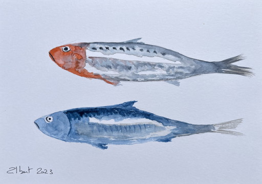 Gesigneerde aquarel. Sardine-thema.