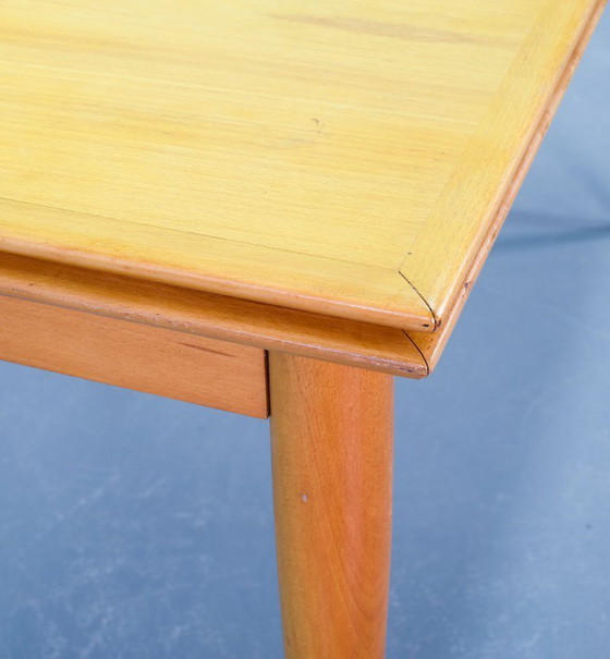 Image 1 of Large Mid-Century Design Extendable Solid Beech Wooden Dining Table in style of Arno Lambrecht. Germany, 1950s.