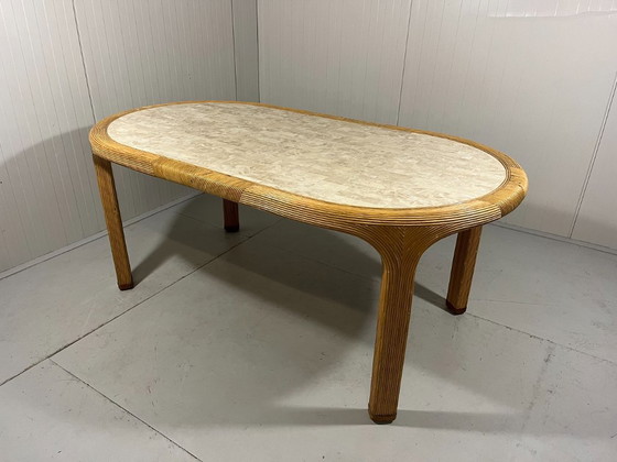 Image 1 of Vivai del Sud rattan and travertine dining table, Italy, 1960s