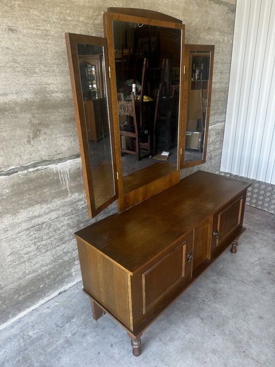 Vintage kaptafel met drieluikspiegel, jaren 50 – Coiffeuse Mid-Century, Ladekasten, Wood, Glass (photo 6 of 15)