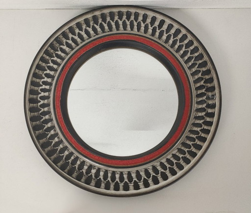 Rare miroir suspendu vintage en céramique des années 1970 (style sgraffito)