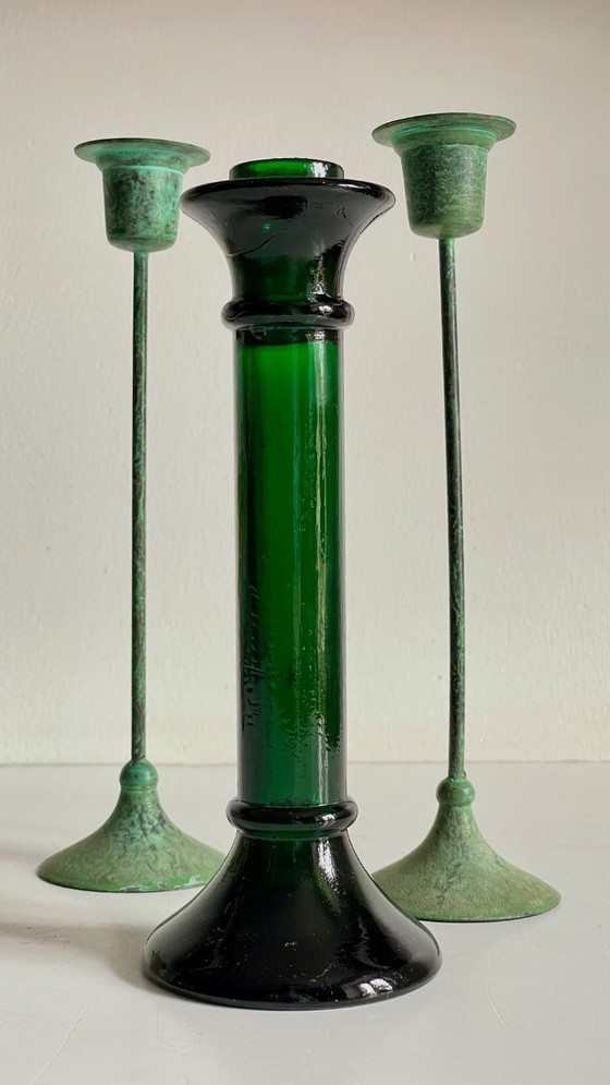 Image 1 of Vintage Glass and Metal Candle Holders Green