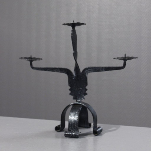 Brutalist design 3-light wrought iron candlestick candelabra, 1950s