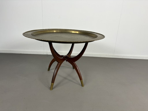 Oriental vintage round coffee table with walnut base and brass tray, 1970s
