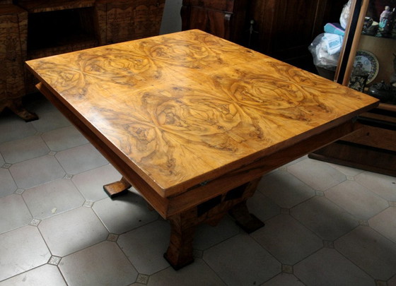 Image 1 of Table de salle à manger Art Déco, bois d'olivier, Italie, Rome, design unique, 1933
