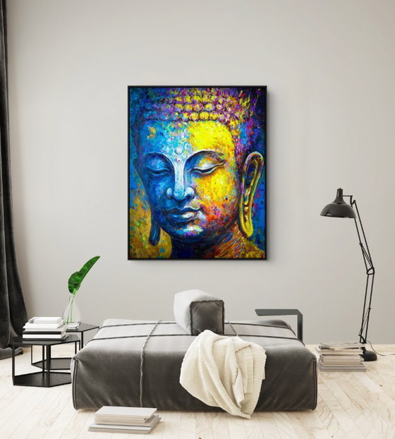 Image 1 of Unique hand-painted Buddha painting "Silent Strength" – Seksak Jaichumchen – 100 × 120 cm