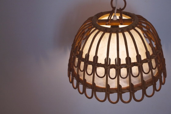 Image 1 of Vintage Rattan Bell Pendant Lamp, Louis Sognot Style Cane Ceiling Light, French Riviera Mediterranean Decor