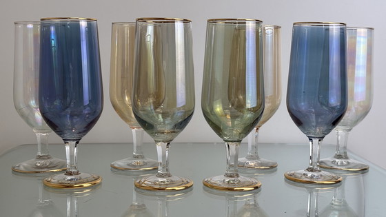 Image 1 of 8 x Vintage iridescent wine glasses or water glasses rainbow glass