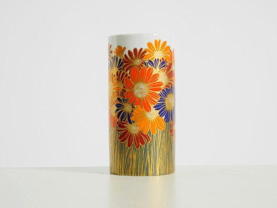 Image 1 of Beautiful 1980s porcelain vase by Rosemonde Nairac for Rosenthal Studio-Linie, featuring colorful daisies