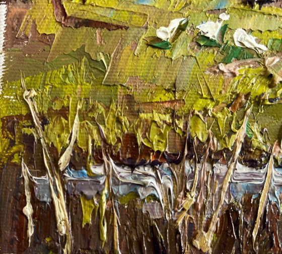 Image 1 of Original Oil Painting Summer Village Landscape Near the village lake