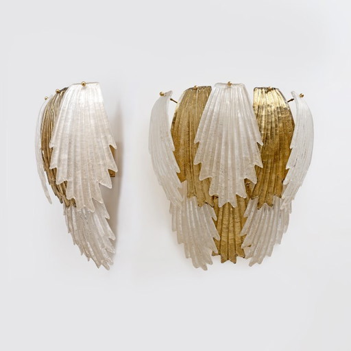 Italian Art Deco Style Murano Glass and Brass Leaf Wall Sconces, Pair