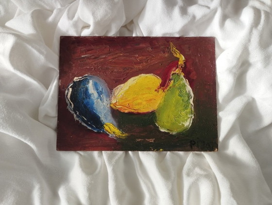 Image 1 of Still life with three fruits. Oil painting on panel.