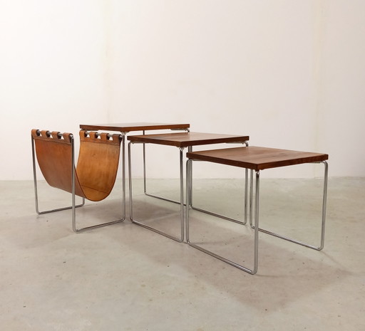 Vintage Dutch Design Brabantia Miniset Met Tuigleer Lectuurbak Nesting Tables – bijzettafels, Leather, Metal (photo 2 of 9)