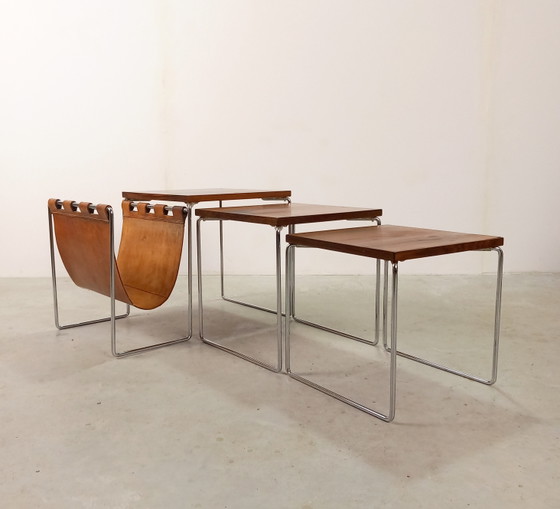 Vintage Dutch Design Brabantia Miniset Met Tuigleer Lectuurbak Nesting Tables – Bijzettafels, Leather, Metal (photo 2 of 9)
