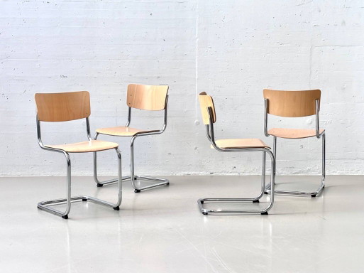 Set aus 4 Thonet S43 Freischwinger von Mart Stam, verchromtes Stahlrohr & Buchenschichtholz