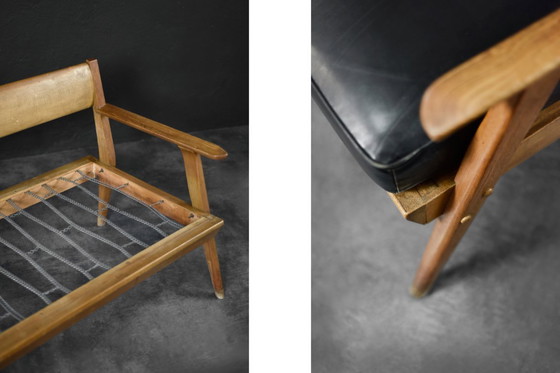 Image 1 of Divano vintage in rovere e pelle nera, stile tedesco moderno di metà secolo, anni '60