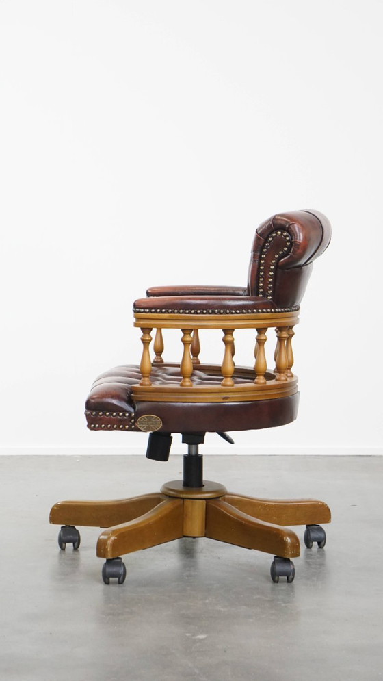 Image 1 of Brown height adjustable cowhide leather and wood chesterfield office chair on wheels
