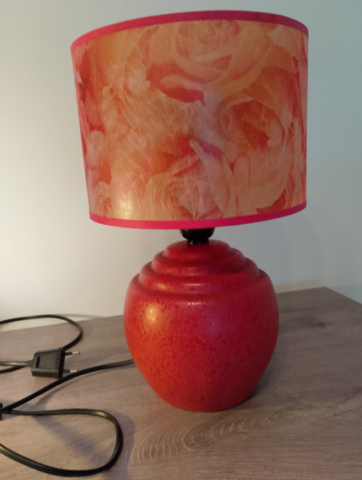 Vintage Brussels porcelain lamp with fiberglass shade, excellent condition, red