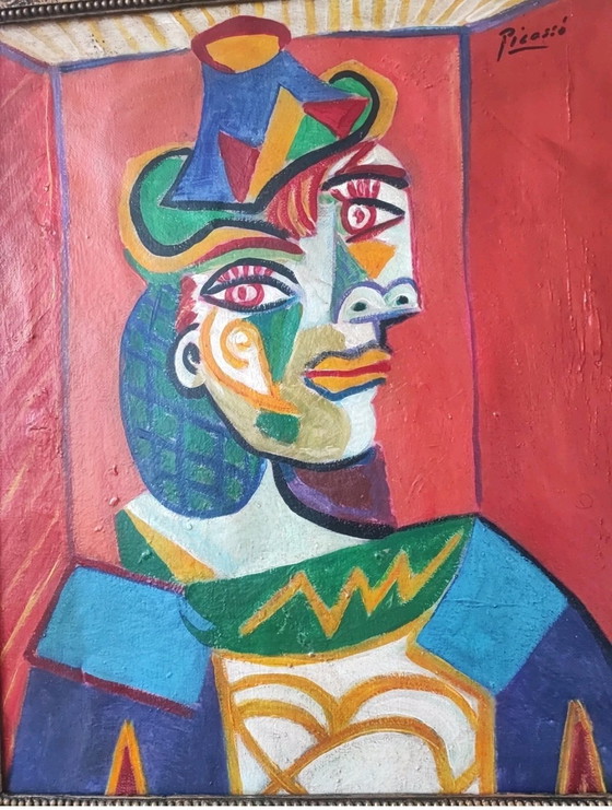 Image 1 of Vintage Cubist Portrait of a Woman in a Hat, Oil on Canvas, Picasso Style