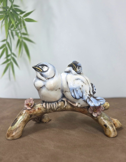Vintage Bruno Merli Sculptuur – Twee vogels op bloeiende tak – Gesigneerd Italiaans keramiek