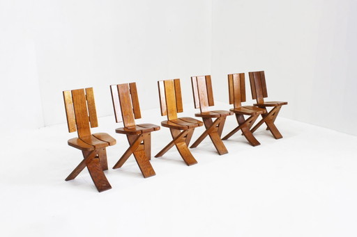 Set of 6 Vintage brutalist dining room chairs 70s Seltz