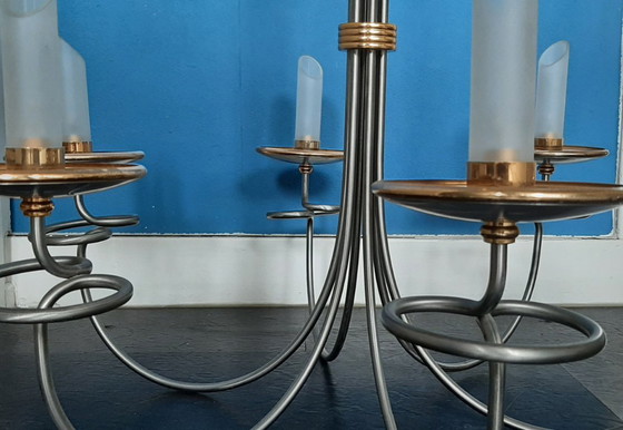 Image 1 of Lustre/suspension italien à 6 lumières - années 1990 - acier inoxydable/laiton/verre