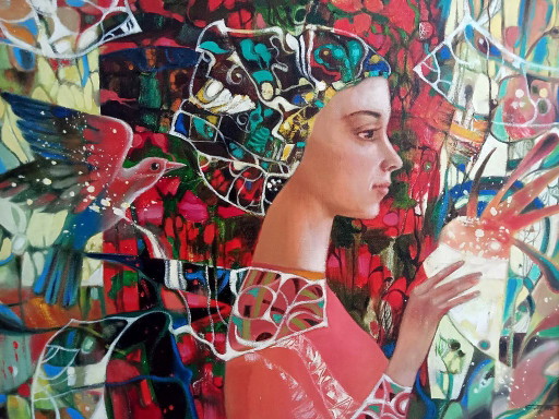 Original Oil Painting Abstract Expressionism Symbolism Girl Strawberry Ice Cream – schilderijen tekeningen, Canvas