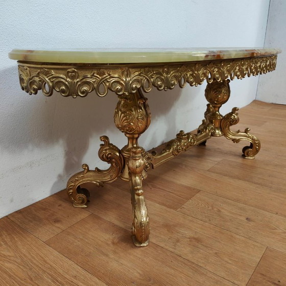 Oval coffee table with marble top and ornate golden base, Metal, Green, Klassiek (photo 5 of 12)