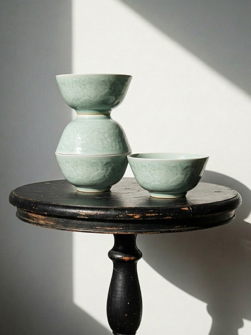 4 Vintage celadon porcelain Chinese rice bowls from the 1970s-80s with koi carp reliefs