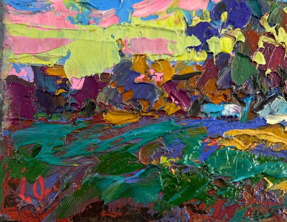 Image 1 of Original Oil Painting Summer Village Landscape When the day fades into evening