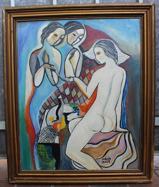 Modernist Hungarian Style Oil Painting Three Graces Homage to Béla Kádár