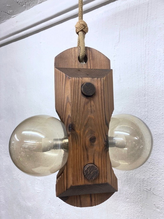 Image 1 of Pendant lamp by Temde, made of wood and glass, two-light, 70s brutalist style