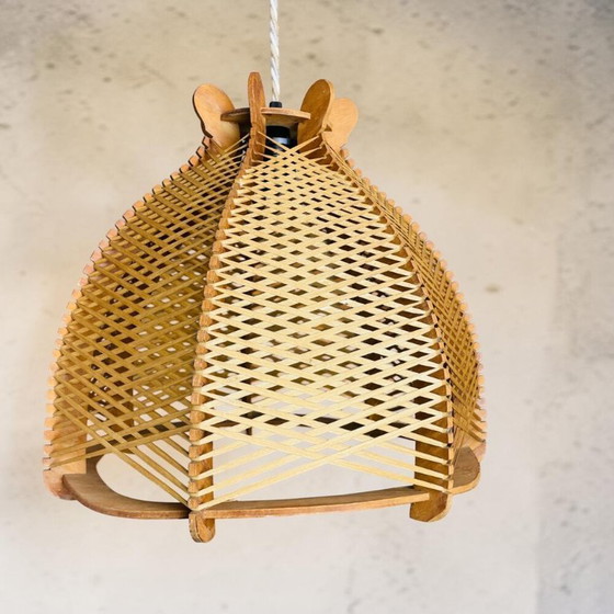 Image 1 of Large rustic style Portuguese wood and rattan hanging lamp, 1960s