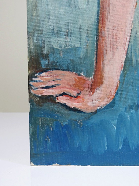 Image 1 of Vintage seated nude portrait painting, modern oil on canvas board