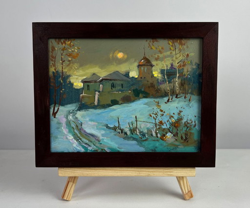 Original Oil Painting Evening Winter Landscape Sunset behind the village
